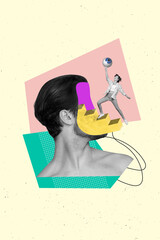 Creative abstract template collage of faceless man stairs excited energetic female hold watching...
