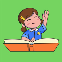 Cute girl raises her hand at the lesson. read a book. Cartoon vector icon illustration. Isolated people education icon concept. flat cartoon style