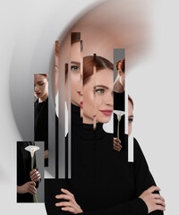 Hallucinations. Woman on white background, distorted image