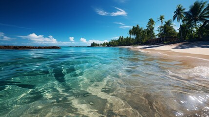 Beach Panorama with blue water and palm trees.