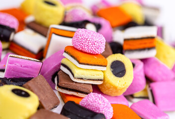 Liquorice allsorts fondant and licorice sweets or candy studio isolated