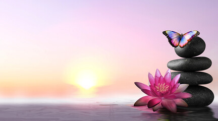Peace and harmony. Stacked stones, lotus flower in water and beautiful butterfly. Banner design with space for text