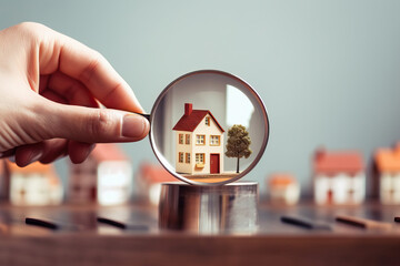 A person holding a magnifying glass with a house inside, symbolizing the search for the perfect real estate - obrazy, fototapety, plakaty