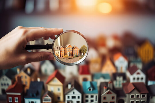 A hand holding a magnifying glass examining a small town for real estate opportunities