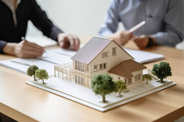 A real estate agent and a client discussing a model house at a table