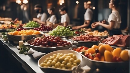 People group catering buffet food indoor in restaurant with meat colorful fruits and vegetables, Generative AI