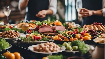 Obraz premium People group catering buffet food indoor in restaurant with meat colorful fruits and vegetables, Generative AI