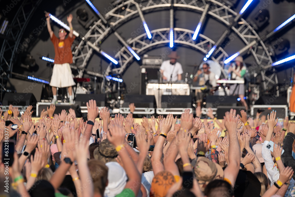 Wall mural Crowd of people waving hands for music band