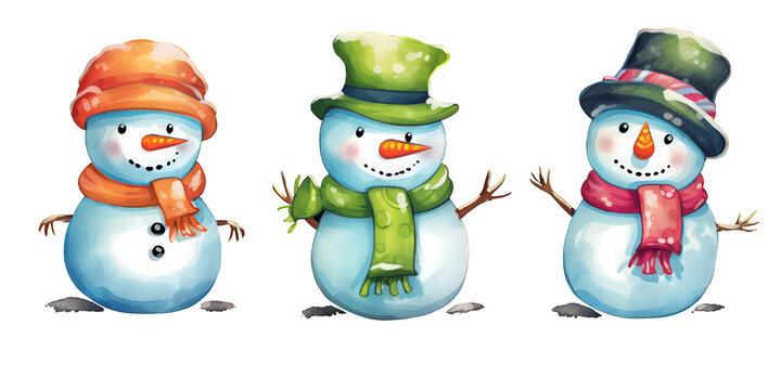 Set of watercolor snowman characters isolated on transpatent white background. cute snowman on winter snow custume for chtistmas decorations, kids decorative elements for christmas backgrounds