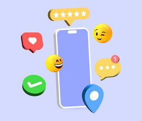 social media background communication concept. social network icons with smartphone and modern heart, chat message speech bubble icon, 3d funny emoticon emoji. Digital marketing 3d vector illustration
