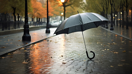 un parapluie ouvert dans une rue pavée sous la pluie, sans personne