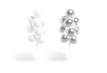 Blank white and silver round balloon bouquet mockup, front view