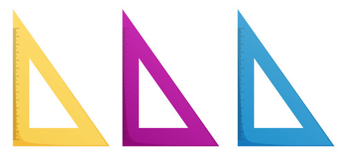 Colorful triangular rulers set, school equipment elements