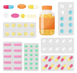Set of different medicine pills in packaging and without