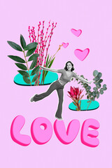 Vertical collage image of excited mini black white effect girl stand big love text arms wings fresh flowers heart symbol isolated on pink background