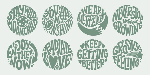 Groovy lettering set. Retro slogan collection in round shape. Trendy groovy print design for poster, card, tshirt.