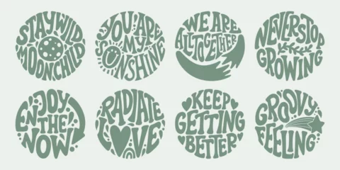 Deurstickers Motiverende quotes Groovy lettering set. Retro slogan collection in round shape. Trendy groovy print design for poster, card, tshirt.