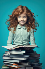 Red-haired girl near a stack of books, delving into the world of reading with enthusiasm and dedication, against a light blue background, back to school concept	