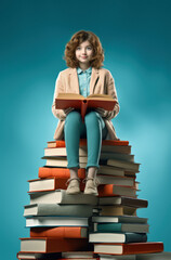 Teenage student girl sitting on top of a gigantic mountain of books, enjoying reading, against a light blue background, back to school in world book day concept