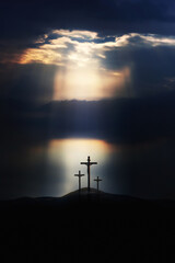 Bright light shining through clouds, dramatic and majestic sky, hill of Golgotha during Passion...
