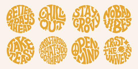 Groovy lettering set. Retro slogan collection in round shape. Trendy groovy print design for poster, card, tshirt.
