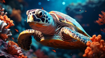 Naklejka na ściany i meble sea turtle swimming over coral reefs.