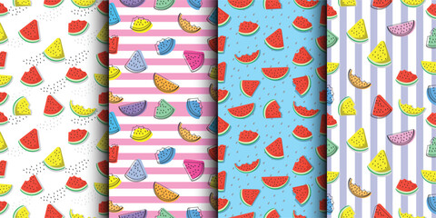 Set of  watermelon seamless patterns. tropical style. colerfull background.Vector Seamless fruit Pattern or Wallpaper. - 632183762