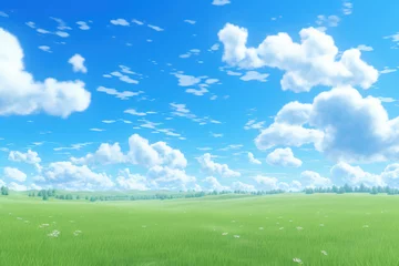 Deurstickers 夏の青空と雲と草原-水彩アニメ背景 © rrice
