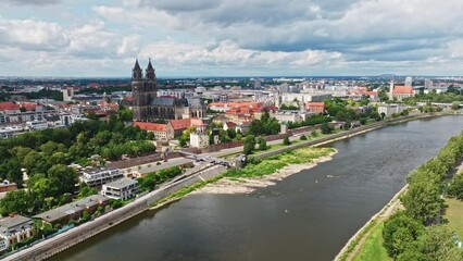 Aerial Drone shot of Magdeburg City centre , Saxony-Anhalt , Germany .