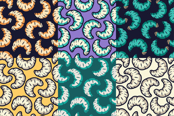Halloween set of seamless patterns with maggots or worms for holiday design background. Wallpapers with scary insect larvae for october party banner, poster or postcard