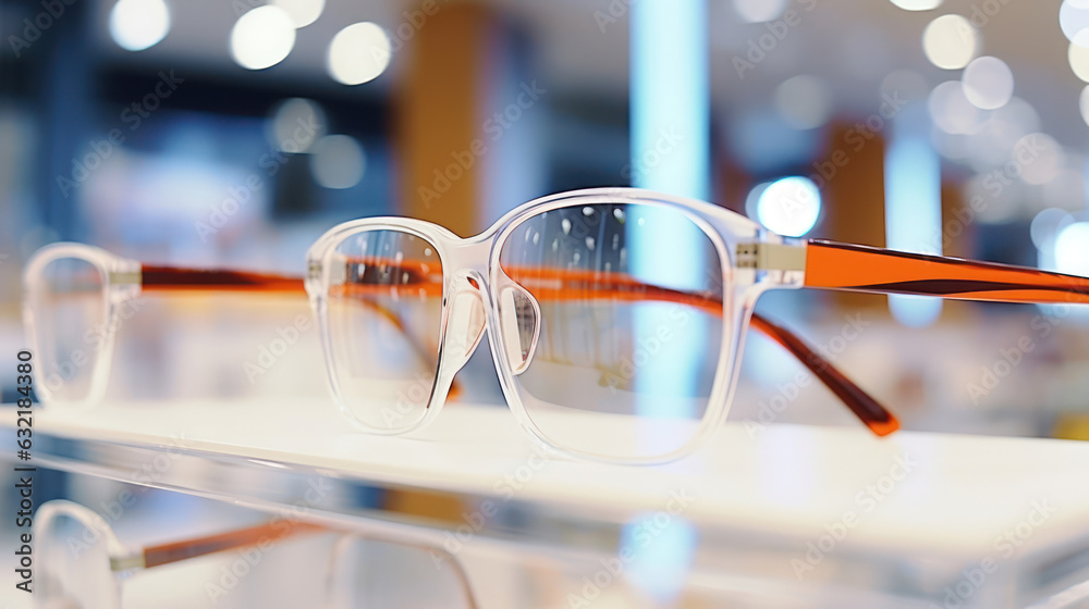 Sticker eyeglasses in white store.