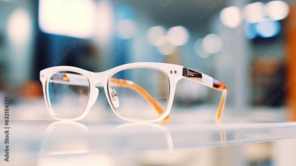 Wall mural Eyeglasses in white store.