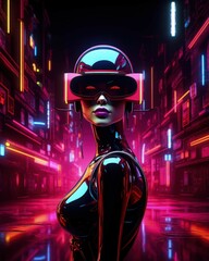 sonic future: a vision of tomorrow's music genres dance, techno, edm, pop, electronic, techno trance, visualized through a latex-clad woman equipped with advanced visors and headphones. Ai Generated - obrazy, fototapety, plakaty