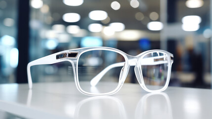 Eyeglasses in white store. - obrazy, fototapety, plakaty