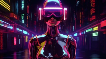 sonic future: a vision of tomorrow's music genres dance, techno, edm, pop, electronic, techno trance, visualized through a latex-clad woman equipped with advanced visors and headphones. Ai Generated - obrazy, fototapety, plakaty