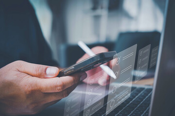 Business performance checklist, Quick checklist and clipboard management concept, job applicants, businessman using laptop doing online checklist survey,Employees must complete the online survey form.