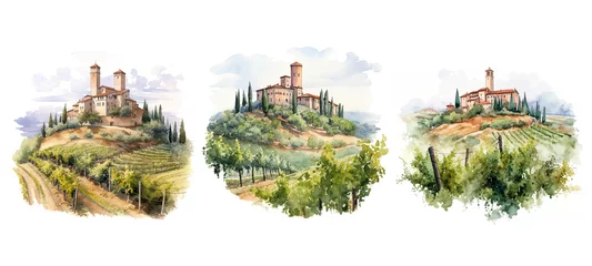 Fotobehang estate landscape vineyard tuscan chateau watercolor © sevector