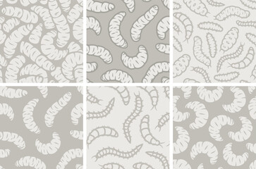 Halloween set of seamless patterns with maggots or worms for holiday monochrome design background. Wallpapers with scary insect larvae for october party banner, poster or postcard