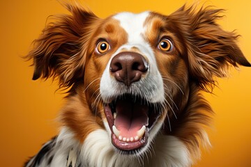 Portrait of amazement Australian Shepherd dog. Dog opened mouth surprised, close-up front view.