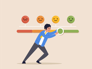 Customer feedback giving rating based on experience or quality from product and service. Opinion and review to evaluate result, survey, man trying to push customer feedback bar to be excellent smile.