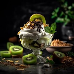 Menthol ice cream sundae with kiwi fruit and hazelnuts, whipped cream and chocolate in modern style - 632185534