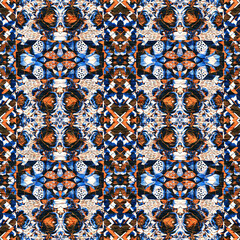 Indigo blue white vibrant watercolor batik azulejos tile background. Seamless coastal blur linen effect geometric mosaic effect.Boho Patchwork nautical masculine all over summer fashion repeat.