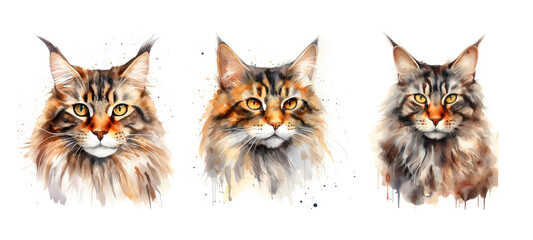 feline maine coon cat watercolor - obrazy, fototapety, plakaty