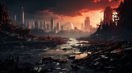 Apocalyptic destroyed city ruins. Generative Ai