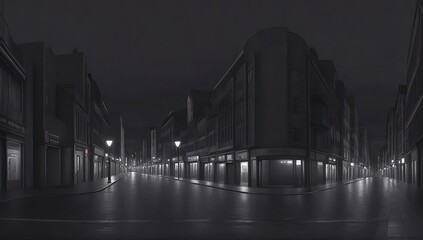 Dark street view and noir concept of downtown at night.