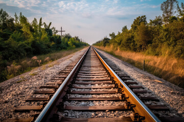 Obraz premium Railway Track Extending Towards The Distant Horizon, Showcasing Linear Perspective. Generative AI
