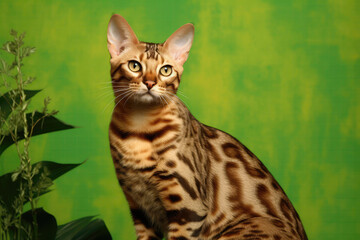 Naklejka na ściany i meble Bengal Cat On Green Background. Generative AI