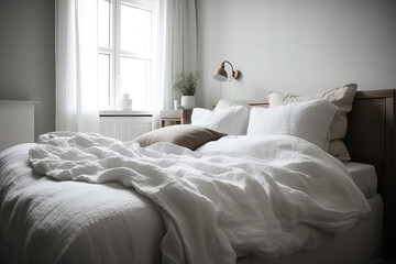 Fototapeta na wymiar Bed With White Linens, Minimalist Style. Generative AI