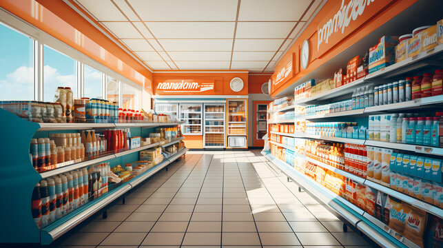 Supermarket interior with shelves full of various products Generative AI