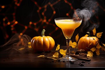 Yellow pumpkin cocktail with spices in a martini glass on a dark smoky background. Halloween autumn theme of alcoholic and non-alcoholic drinks.